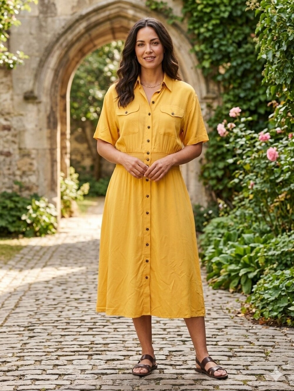 Vintage Liz Claiborne Petites Yellow Button Front Rayon Midi Dress Sz 10 Boho